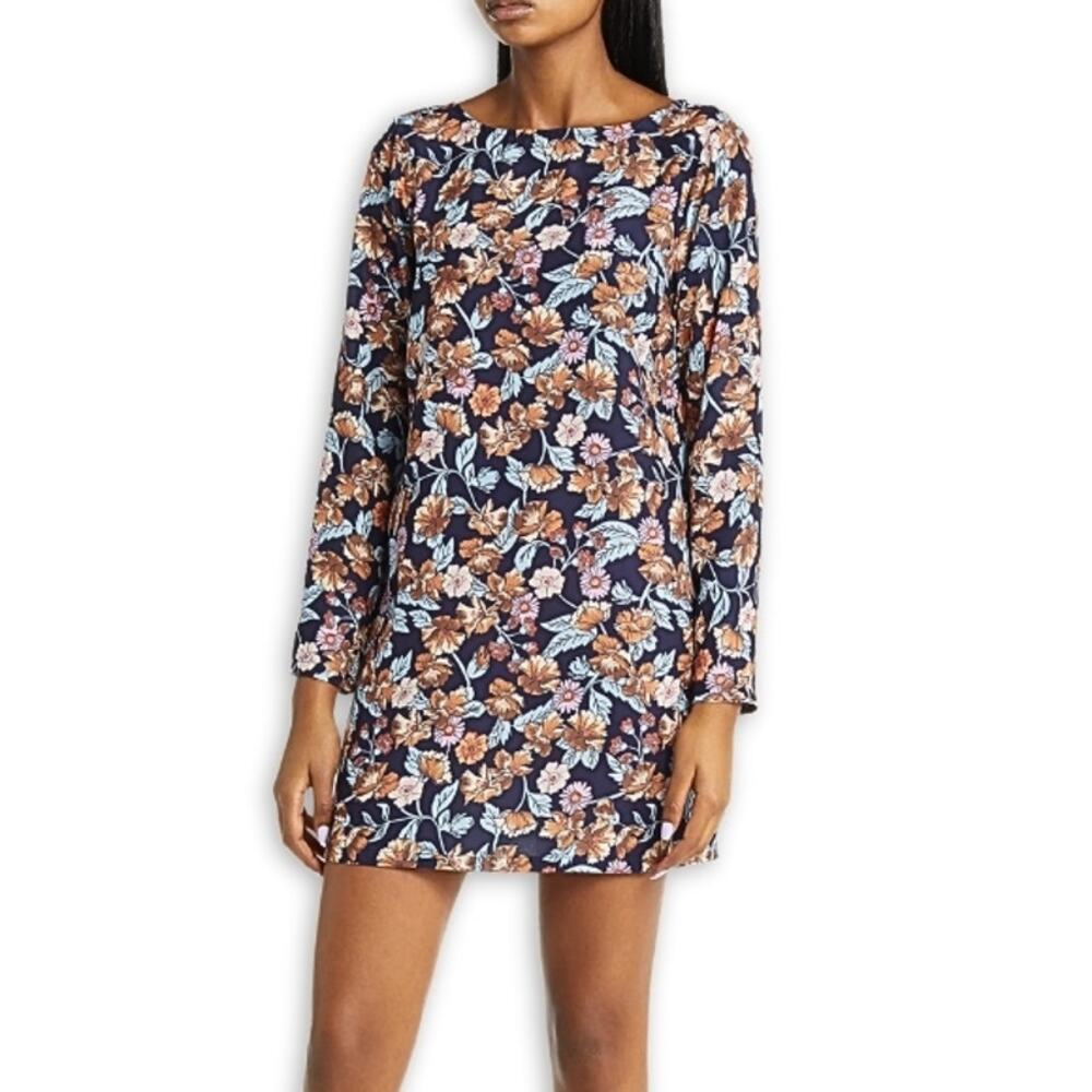 Halogen Sheath Dress V-Back Draped Floral Mini Length Black/Multicolor W S NWOT